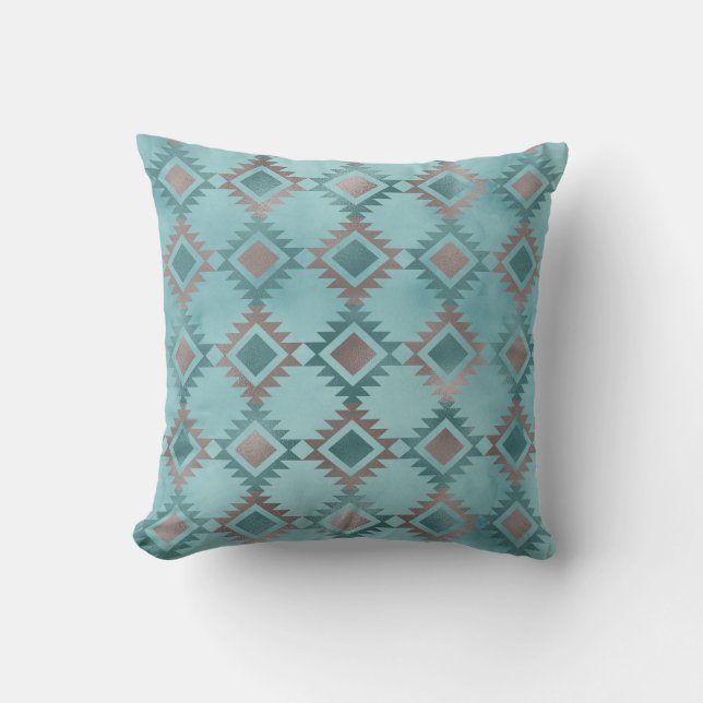 Coussin Motif Aztèque Sud-Ouest Turquoise Bleu (Recto)