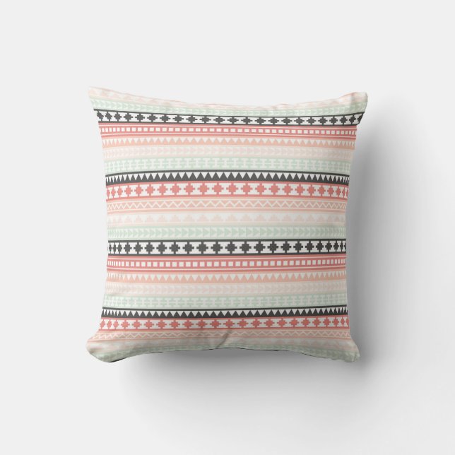 Coussin Motif aztèque tribal de Teal, rose et gris (Recto)