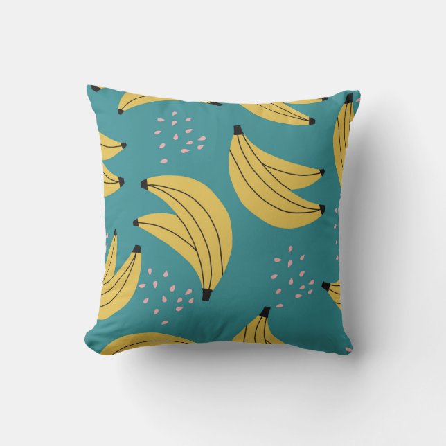 Coussin motif banane vintage, arrière - plan bleu. (Recto)