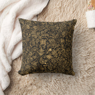 Coussin Motif baroque floral doré sur fond noir