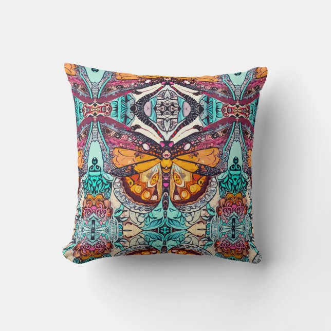 Coussin Motif Batik des papillons et Médaillons à Orange (Recto)