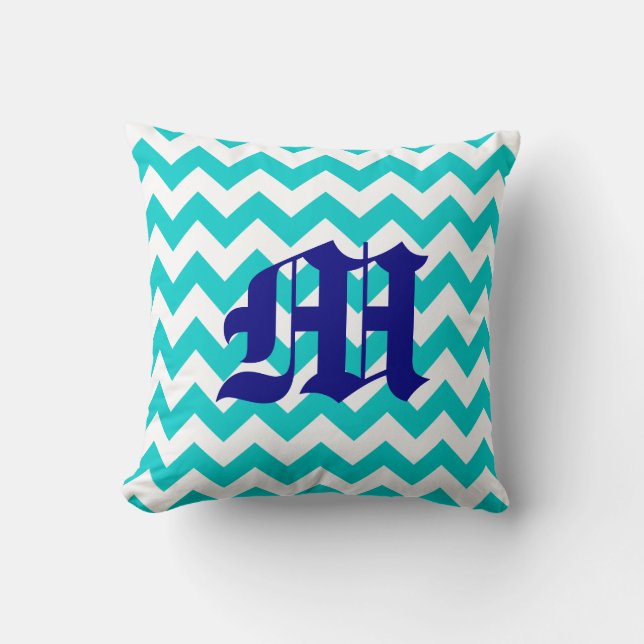 Coussin Motif blanc Aqua Zigzag avec Monogramme (Recto)