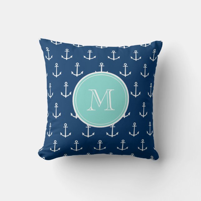 Coussin Motif blanc d'Ancres de bleu marine, Monogr vert (Recto)