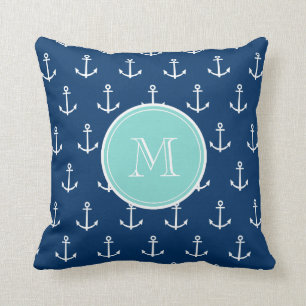Coussin Motif blanc d'Ancres de bleu marine, Monogr vert