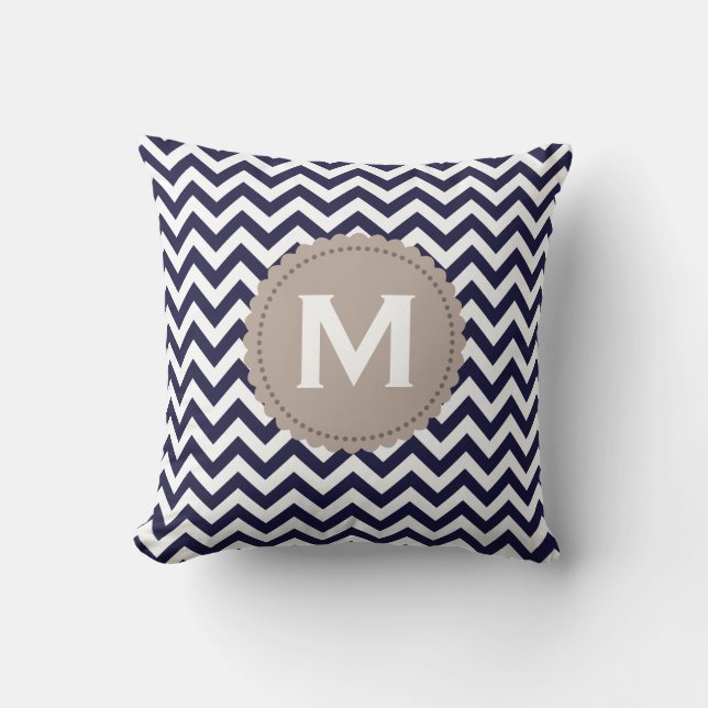Coussin Motif blanc de Chevron de monogramme de bleu (Recto)