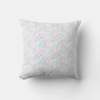 Coussin Motif blanc de feuilles stylisées rose et turquois