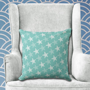 Coussin Motif blanc Starfish sur Turquoise Blue