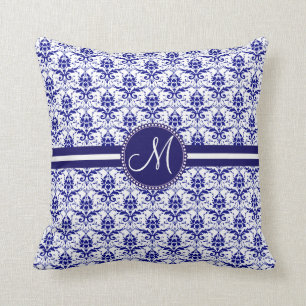 Coussin Motif bleu de monogramme et blanc élégant de