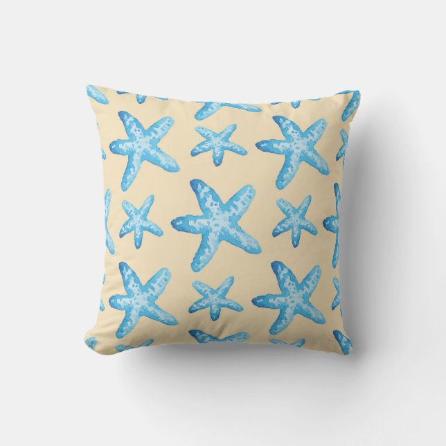 Coussin Motif bleu d'étoiles de mer d'aquarelle (Recto)