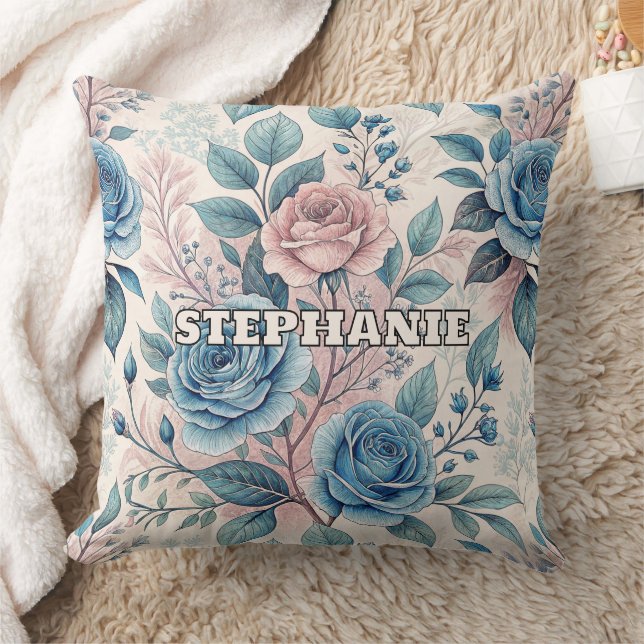 Coussin Motif bleu et rose sur blanc doux (Couverture)