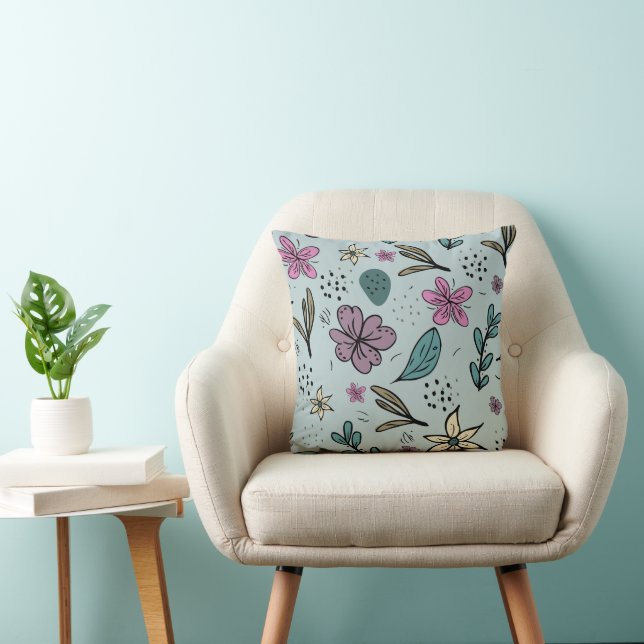 Coussin Motif bleu illustré de fleurs et de feuilles migno (Chaise)