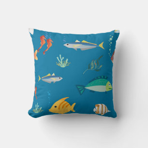 Coussin Motif bleu illustré de poissons et d'hippocampes m
