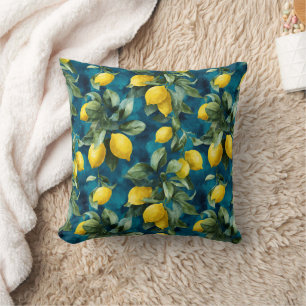 Coussin Motif bleu jaune aquarelle citron méditerranéen