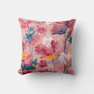 Coussin Motif botanique à fleurs roses peintes à la brosse