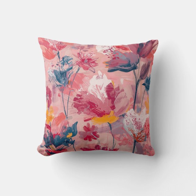 Coussin Motif botanique à fleurs roses peintes à la brosse (Recto)