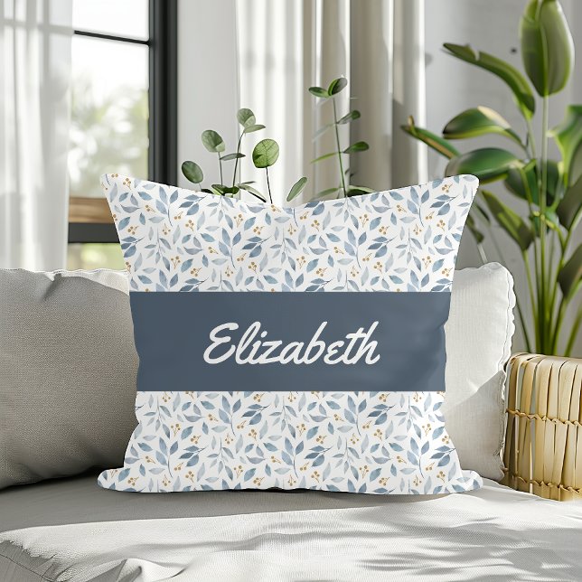 Coussin Motif botanique à l'aquarelle bleue avec nom perso (Créateur téléchargé)