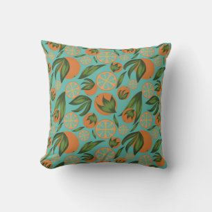 Coussin Motif botanique à l'aquarelle orange turquoise