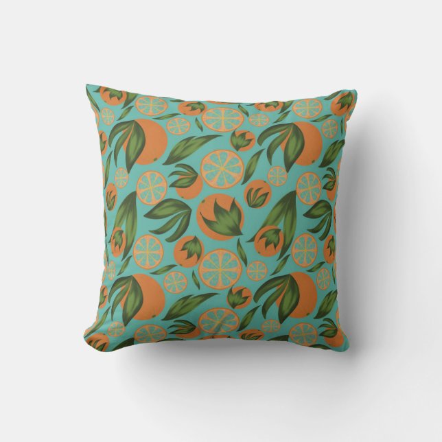 Coussin Motif botanique à l'aquarelle orange turquoise  (Recto)