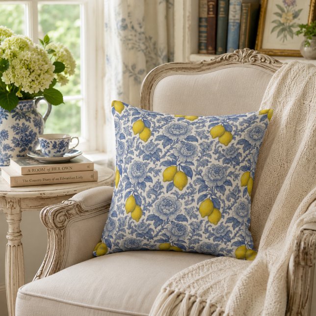 Coussin Motif botanique de citron bleu vintage (Créateur téléchargé)