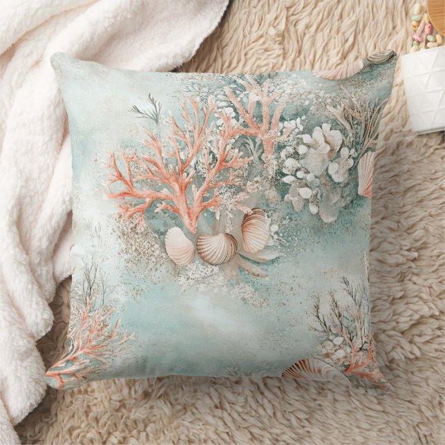Coussin Motif botanique de coquille d'océan Aqua doux (Couverture)