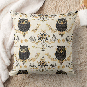 Coussin Motif botanique de forêt de hibou beige d'automne