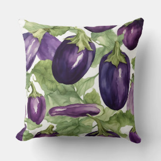 Coussin Motif botanique de jardin aux aubergines à l'aquar