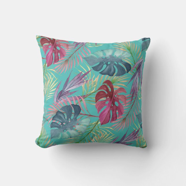 Coussin Motif botanique de la Jungle tropicale Bleue (Recto)