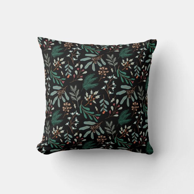 Coussin Motif botanique d'hiver noir (Recto)