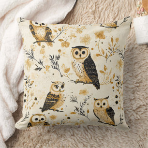 Coussin Motif botanique faunique de chouette beige élégant