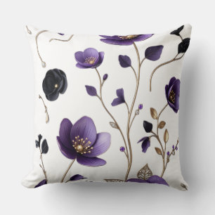 Coussin Motif botanique floral 3D violet et or élégant