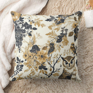 Coussin Motif botanique floral de chouette beige neutre