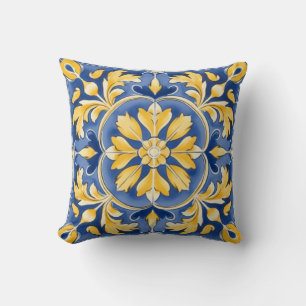 Coussin Motif botanique méditerranéen - Bleu et Jaune