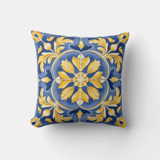 Coussin Motif botanique méditerranéen - Bleu et Jaune (Recto)