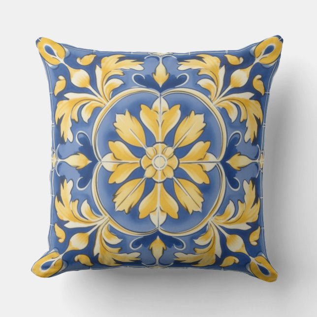 Coussin Motif botanique méditerranéen - Bleu et Jaune (Recto)