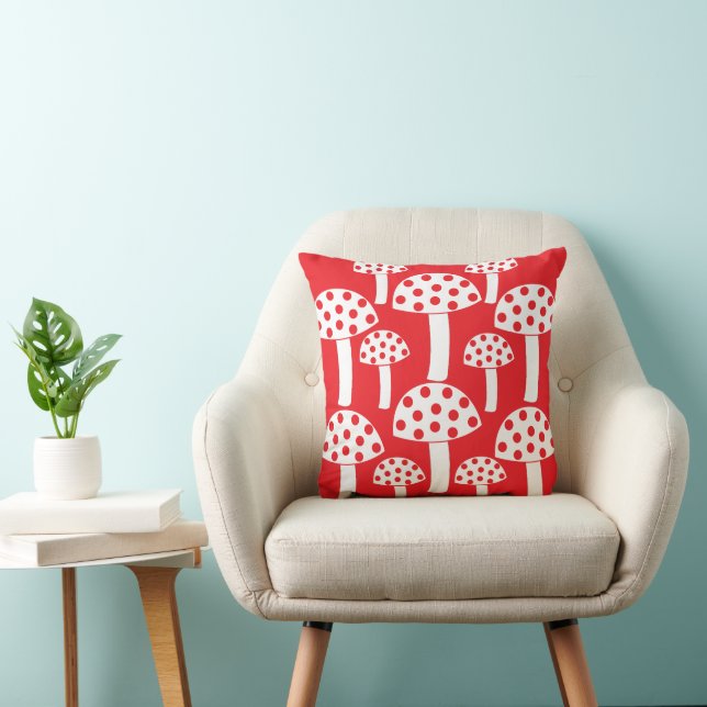 Coussin Motif botanique mignon champignon blanc rouge (Chaise)