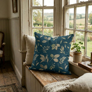 Coussin Motif botanique moderne de feuilles sur fond bleu 