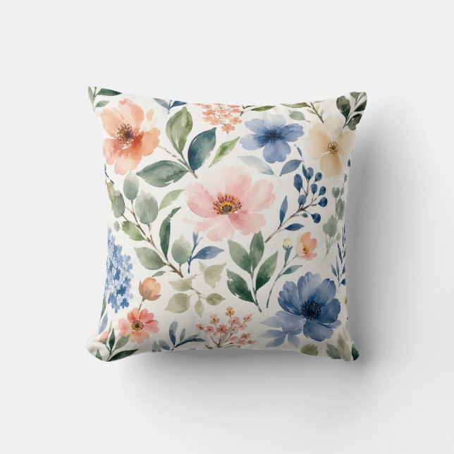 Coussin Motif botanique moderne de fleurs sauvages à l'aqu (Recto)