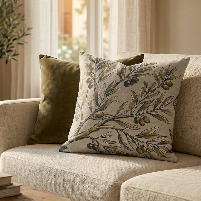 Coussin Motif botanique Moderne Olive Branch Vert Sauge (Créateur téléchargé)
