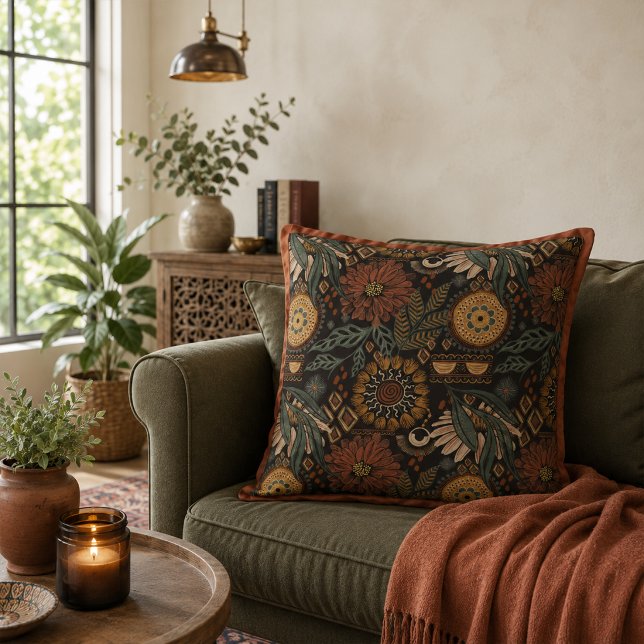 Coussin Motif botanique terracotta sage boho foncé (Créateur téléchargé)