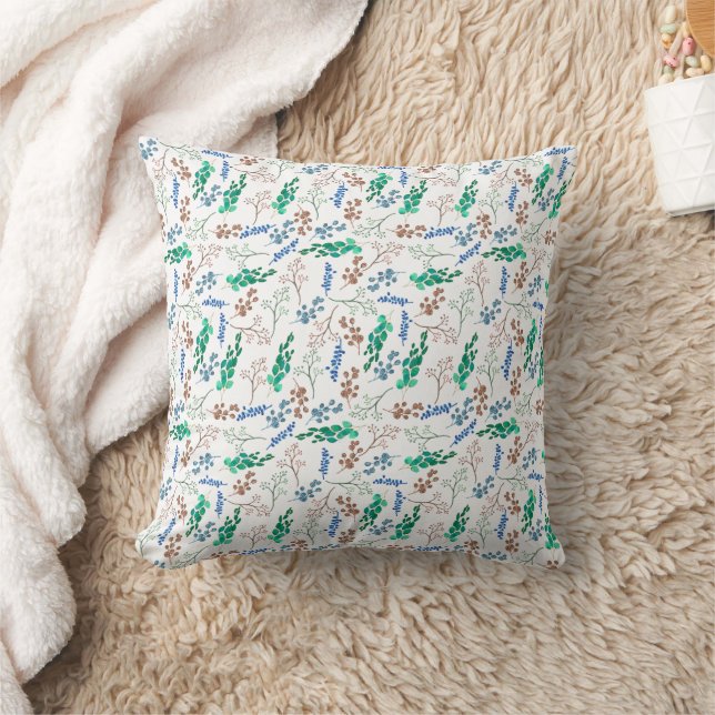 Coussin Motif botanique vert et bleu sur blanc (Couverture)