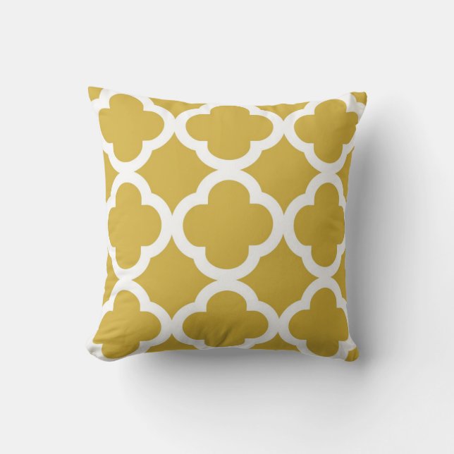 Coussin Motif branché de trèfle en moutarde et blanc (Recto)
