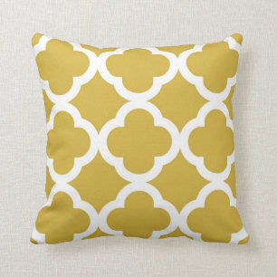 Coussin Motif branché de trèfle en moutarde et blanc