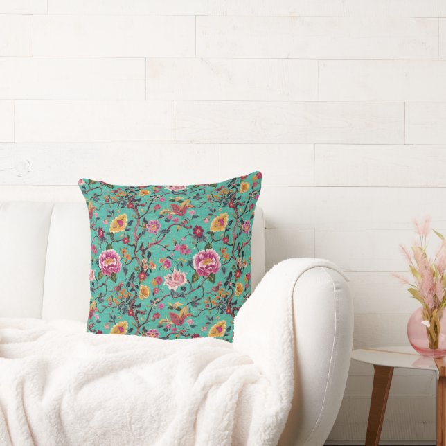 Coussin Motif brodé de chinoiserie turquoise (Canapé)