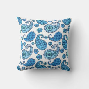 Coussin Motif cachemire, nuances de bleu sur blanc
