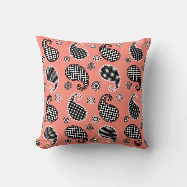 Coussin Motif cachemire, rose corail, noir et blanc (Recto)