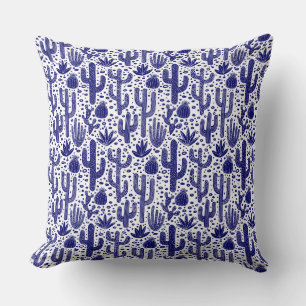 Coussin Motif Cactus - Bleu foncé et Blanc