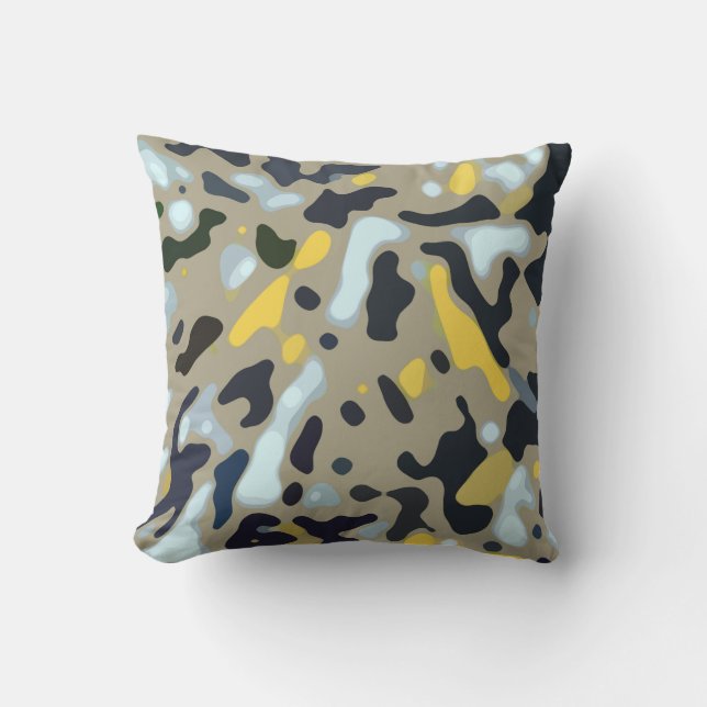 Coussin Motif Camo - Jaune Blanc Beige Bleu Noir (Recto)