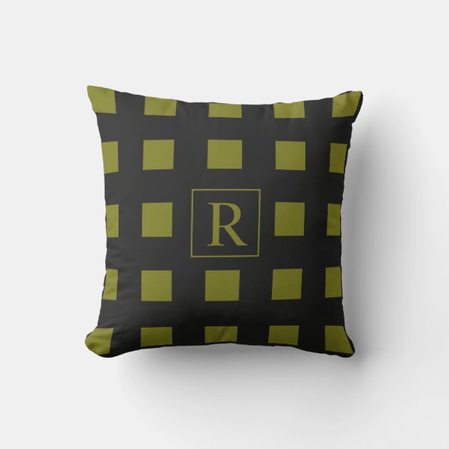 Coussin Motif Carré jaune verdâtre Monogrammes noir (Recto)