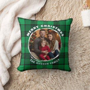 Coussin Motif carreau photo de famille personnalisé vert