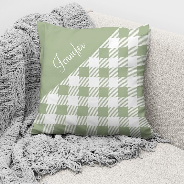 Coussin Motif carreaux plaid buffle vert sauge Nom (Créateur téléchargé)